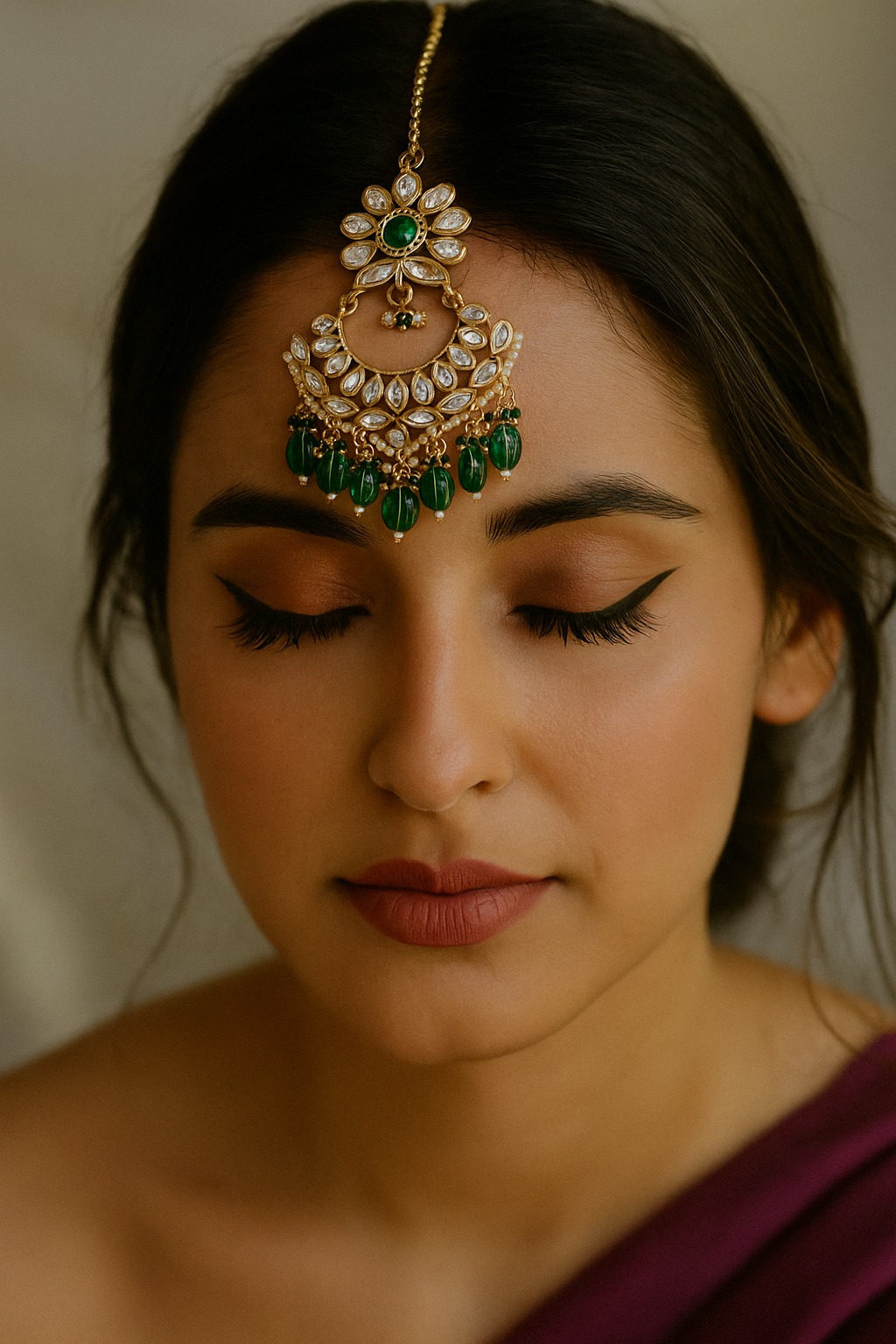 Emerald Green Kundan Maang Tikka with Pearl Detailing
